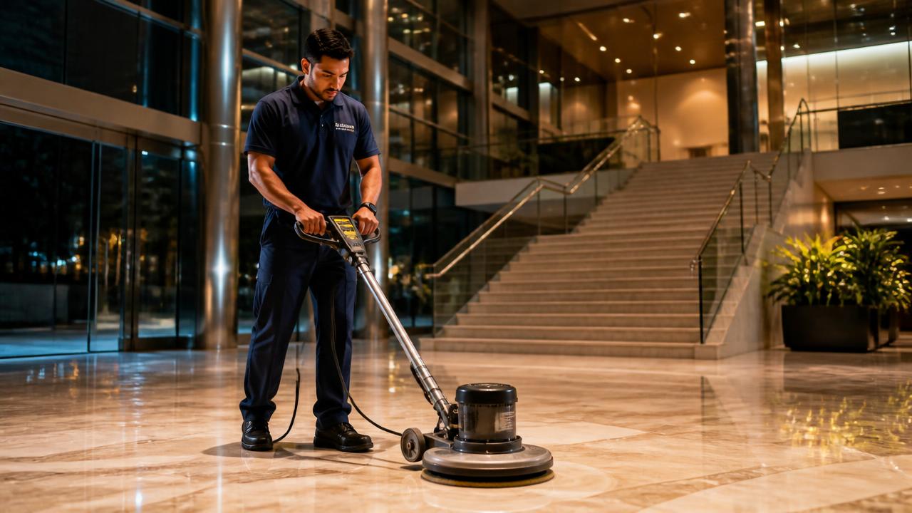 Technicien 2F Nettoyage entretenant le hall et l'escalier d'un immeuble de bureaux en soirée avec une monobrosse professionnelle