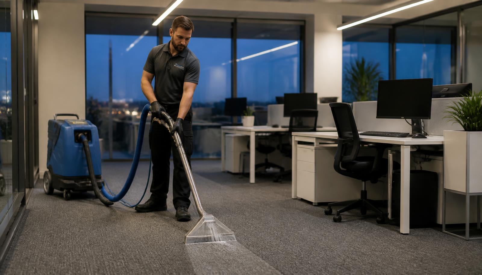 Technicien 2F Nettoyage nettoyant la moquette d'un open-space de bureaux avec une machine à injection-extraction professionnelle